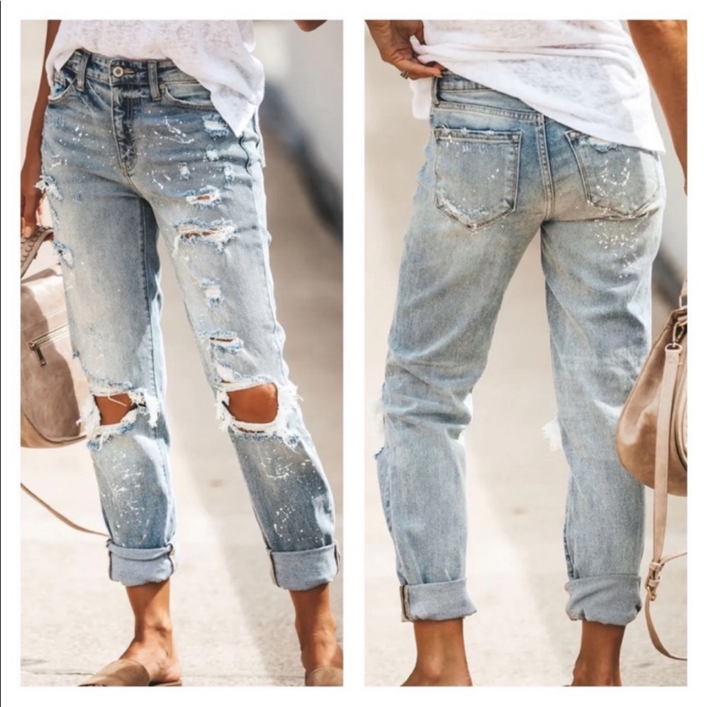 Brand New Distressed Denim Jeans Paint Splatter Relaxed Fit Boyfriend